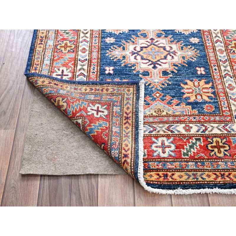 2'9"x26'3" Byzantine Blue with Red Border, Hand Knotted, Afghan Super Kazak with Large Medallions Design, Soft Wool, Densely Woven, XL Runner Vegetable Dyes Oriental Rug Sh86490 - Image 3