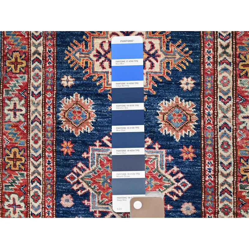 2'9"x26'3" Byzantine Blue with Red Border, Hand Knotted, Afghan Super Kazak with Large Medallions Design, Soft Wool, Densely Woven, XL Runner Vegetable Dyes Oriental Rug Sh86490 - Image 4
