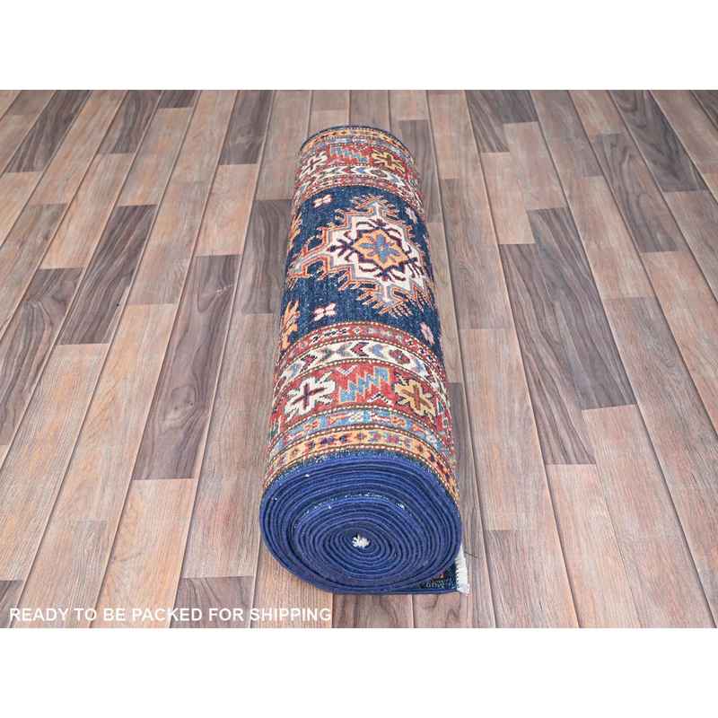 2'9"x26'3" Byzantine Blue with Red Border, Hand Knotted, Afghan Super Kazak with Large Medallions Design, Soft Wool, Densely Woven, XL Runner Vegetable Dyes Oriental Rug Sh86490 - Image 5