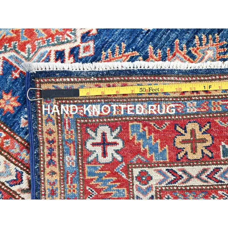 2'9"x26'3" Byzantine Blue with Red Border, Hand Knotted, Afghan Super Kazak with Large Medallions Design, Soft Wool, Densely Woven, XL Runner Vegetable Dyes Oriental Rug Sh86490 - Image 7