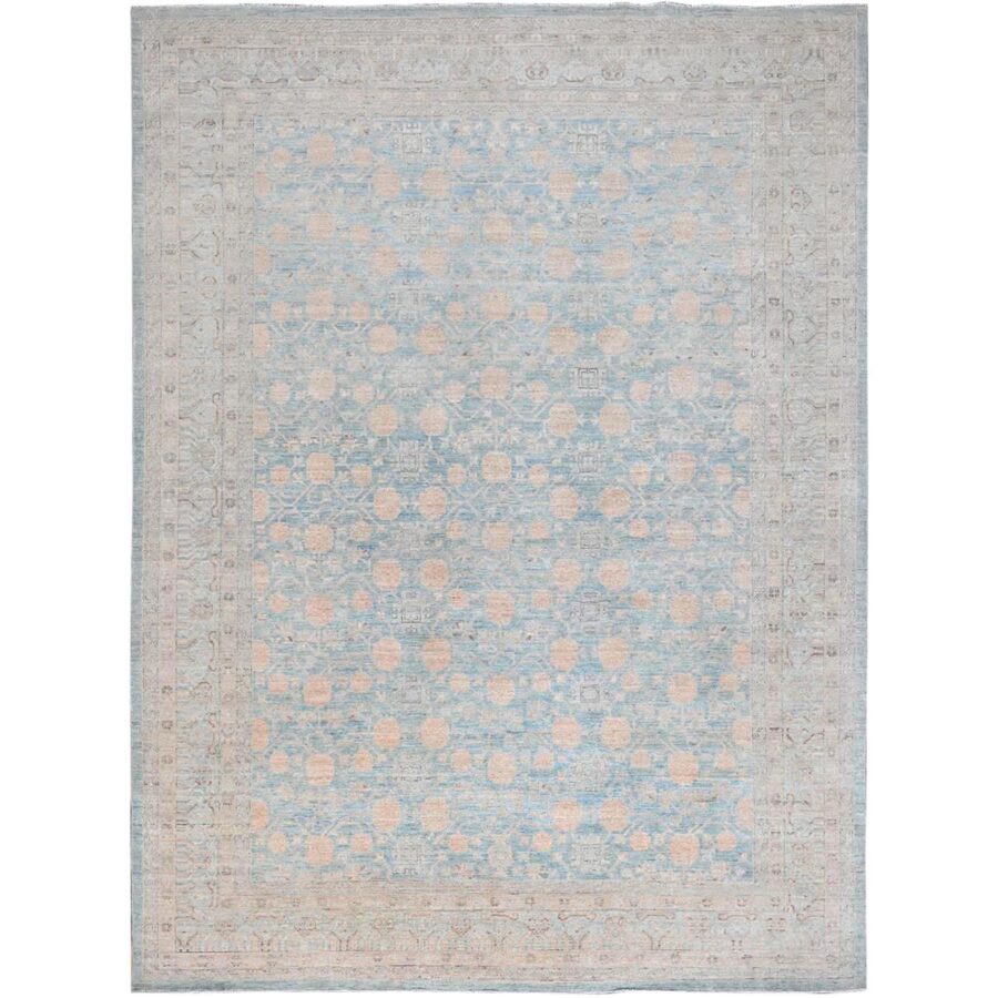 10'x13'6" Murmur Blue, White Wash Peshawar with All Over Khotan Repetitive Pomegranate Design, Pure Wool, Hand Knotted, Natural Dyes, Oriental Rug Sh86517