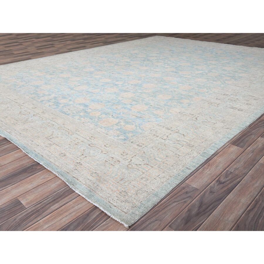 10'x13'6" Murmur Blue, White Wash Peshawar with All Over Khotan Repetitive Pomegranate Design, Pure Wool, Hand Knotted, Natural Dyes, Oriental Rug Sh86517 - Image 4