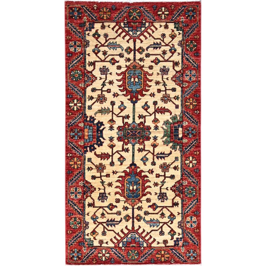 3'2"X6'1" Tuscan Beige With Carmine Red Border, Luxurious Wool, Hand Knotted, Natural Dyes, Aryana Collection, Oriental Rug Sh86607