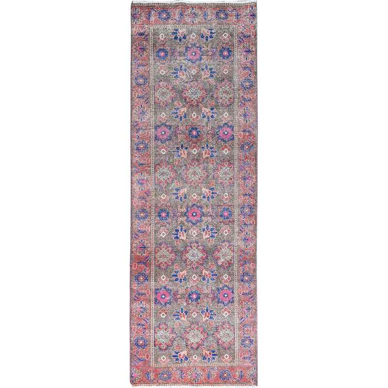 3'6"x11' Stamped Concrete Gray, Pure Wool, Worn and Distressed Condition with No Holes, Cropped Thin, Hand Knotted With Colorful Flower Rosette All Over Design, Sides and Ends Secured, Clean, Persian North West Village, Vintage Runner Oriental Rug Sh86648