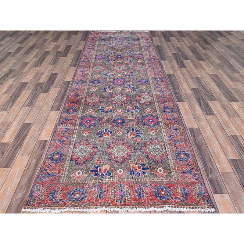 3'6"x11' Stamped Concrete Gray, Pure Wool, Worn and Distressed Condition with No Holes, Cropped Thin, Hand Knotted With Colorful Flower Rosette All Over Design, Sides and Ends Secured, Clean, Persian North West Village, Vintage Runner Oriental Rug Sh86648 - Image 2