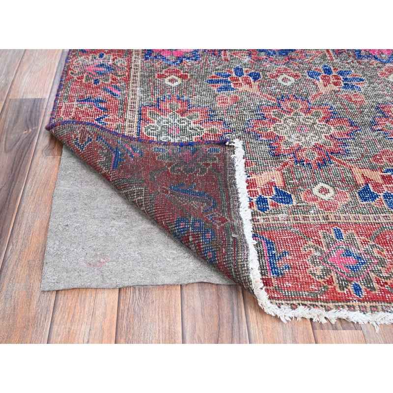 3'6"x11' Stamped Concrete Gray, Pure Wool, Worn and Distressed Condition with No Holes, Cropped Thin, Hand Knotted With Colorful Flower Rosette All Over Design, Sides and Ends Secured, Clean, Persian North West Village, Vintage Runner Oriental Rug Sh86648 - Image 3