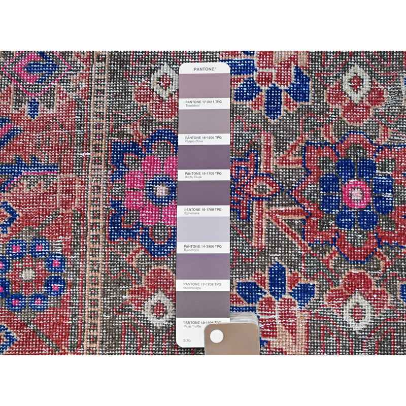 3'6"x11' Stamped Concrete Gray, Pure Wool, Worn and Distressed Condition with No Holes, Cropped Thin, Hand Knotted With Colorful Flower Rosette All Over Design, Sides and Ends Secured, Clean, Persian North West Village, Vintage Runner Oriental Rug Sh86648 - Image 4