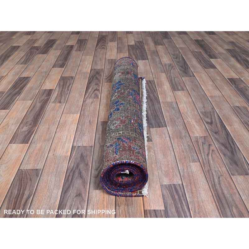 3'6"x11' Stamped Concrete Gray, Pure Wool, Worn and Distressed Condition with No Holes, Cropped Thin, Hand Knotted With Colorful Flower Rosette All Over Design, Sides and Ends Secured, Clean, Persian North West Village, Vintage Runner Oriental Rug Sh86648 - Image 5