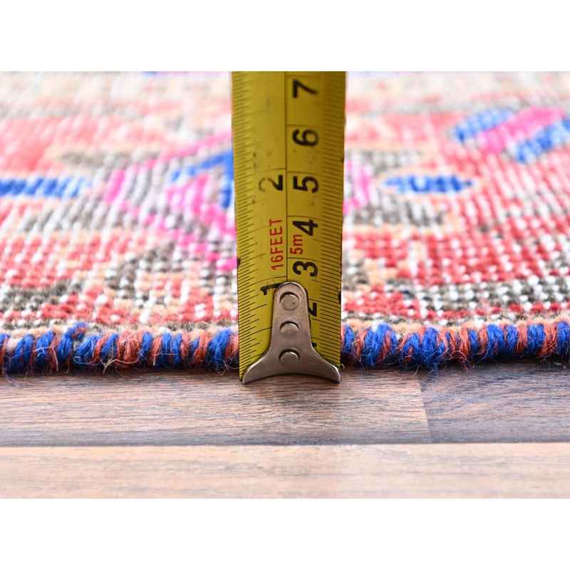 3'6"x11' Stamped Concrete Gray, Pure Wool, Worn and Distressed Condition with No Holes, Cropped Thin, Hand Knotted With Colorful Flower Rosette All Over Design, Sides and Ends Secured, Clean, Persian North West Village, Vintage Runner Oriental Rug Sh86648 - Image 6