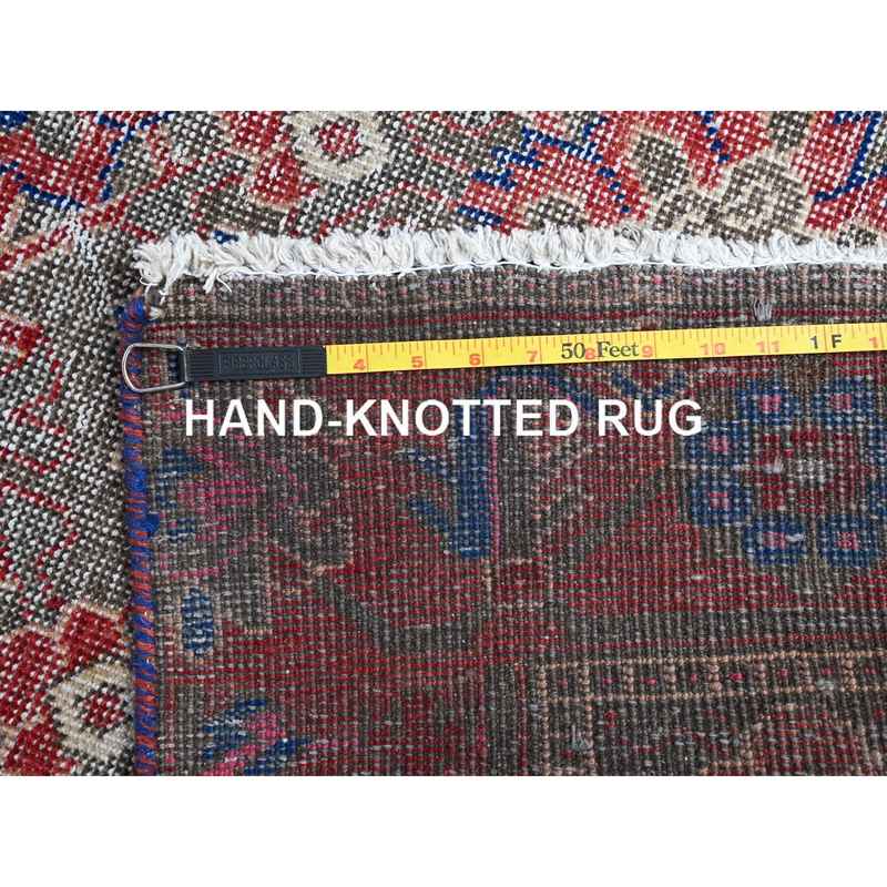 3'6"x11' Stamped Concrete Gray, Pure Wool, Worn and Distressed Condition with No Holes, Cropped Thin, Hand Knotted With Colorful Flower Rosette All Over Design, Sides and Ends Secured, Clean, Persian North West Village, Vintage Runner Oriental Rug Sh86648 - Image 7