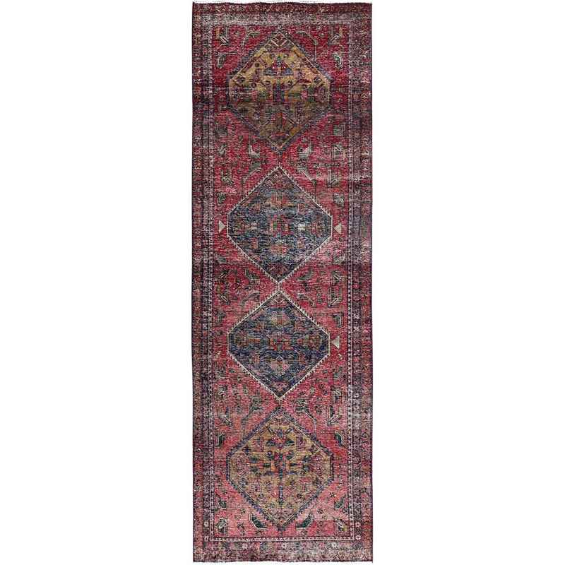 4'3"x13'10" Pear Red, Sides And Ends Secured, Sheared Low, Old North West Persian, 100% Wool, Hand Knotted, Worn And Distressed Look, Abrash, Wide Runner Oriental Rug Sh86679