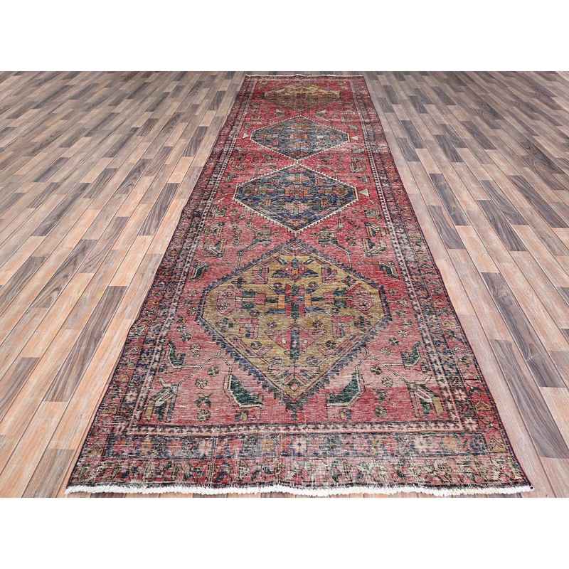 4'3"x13'10" Pear Red, Sides And Ends Secured, Sheared Low, Old North West Persian, 100% Wool, Hand Knotted, Worn And Distressed Look, Abrash, Wide Runner Oriental Rug Sh86679 - Image 2
