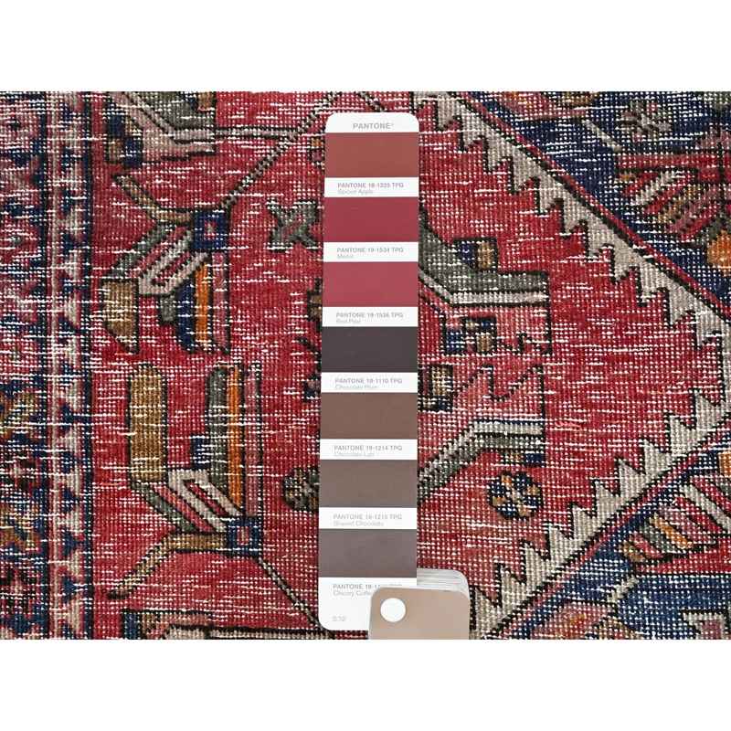 4'3"x13'10" Pear Red, Sides And Ends Secured, Sheared Low, Old North West Persian, 100% Wool, Hand Knotted, Worn And Distressed Look, Abrash, Wide Runner Oriental Rug Sh86679 - Image 4