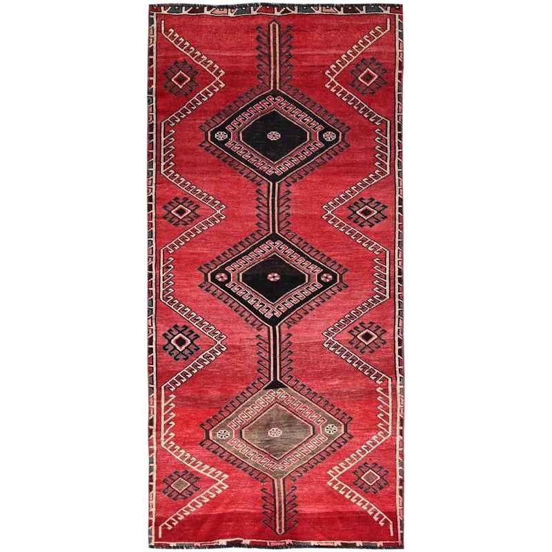 4'3"x9'3" Rusty Red, Semi Antique Shiraz with Geometric Medallion, Evenly Worn, Full Pile, Organic Wool, Sides And Ends Professionally Secured and Cleaned, Sheared Low, Hand Knotted, Distressed, Wide Runner Oriental Rug Sh86680