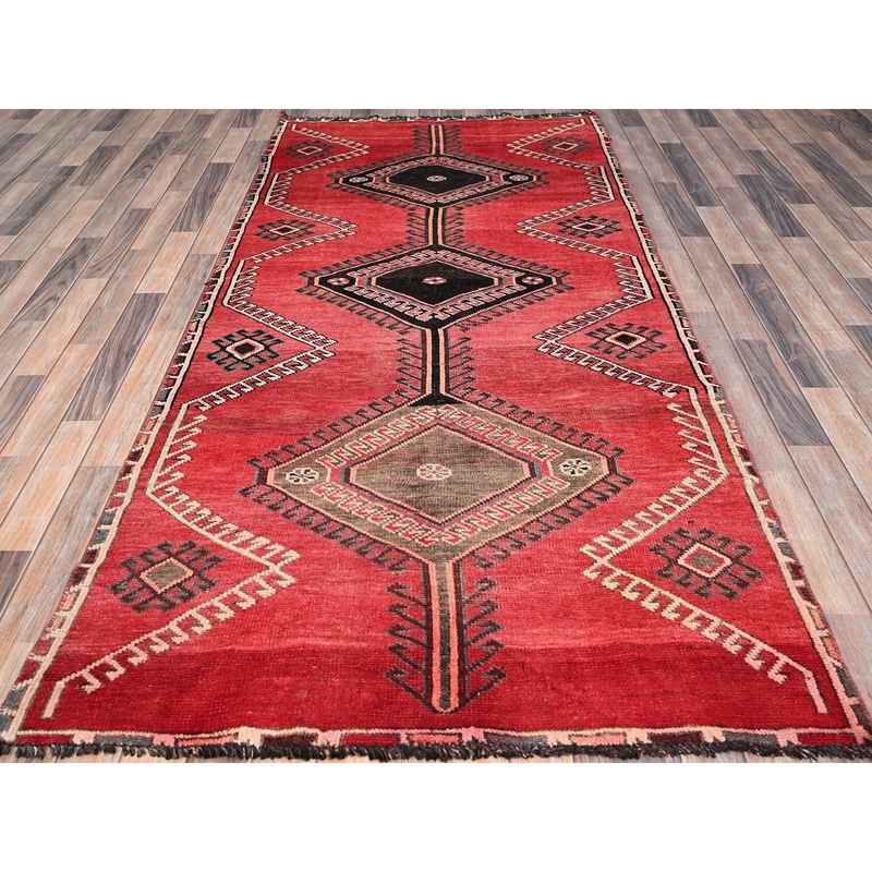 4'3"x9'3" Rusty Red, Semi Antique Shiraz with Geometric Medallion, Evenly Worn, Full Pile, Organic Wool, Sides And Ends Professionally Secured and Cleaned, Sheared Low, Hand Knotted, Distressed, Wide Runner Oriental Rug Sh86680 - Image 2