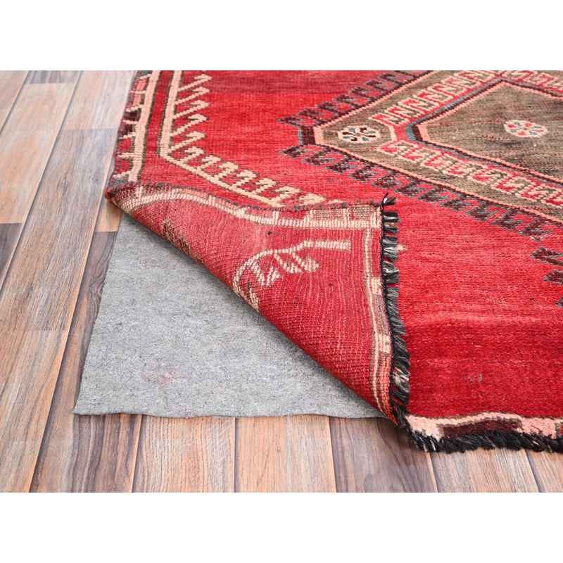 4'3"x9'3" Rusty Red, Semi Antique Shiraz with Geometric Medallion, Evenly Worn, Full Pile, Organic Wool, Sides And Ends Professionally Secured and Cleaned, Sheared Low, Hand Knotted, Distressed, Wide Runner Oriental Rug Sh86680 - Image 3