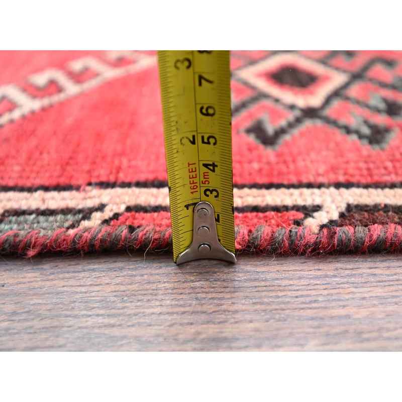 4'3"x9'3" Rusty Red, Semi Antique Shiraz with Geometric Medallion, Evenly Worn, Full Pile, Organic Wool, Sides And Ends Professionally Secured and Cleaned, Sheared Low, Hand Knotted, Distressed, Wide Runner Oriental Rug Sh86680 - Image 6