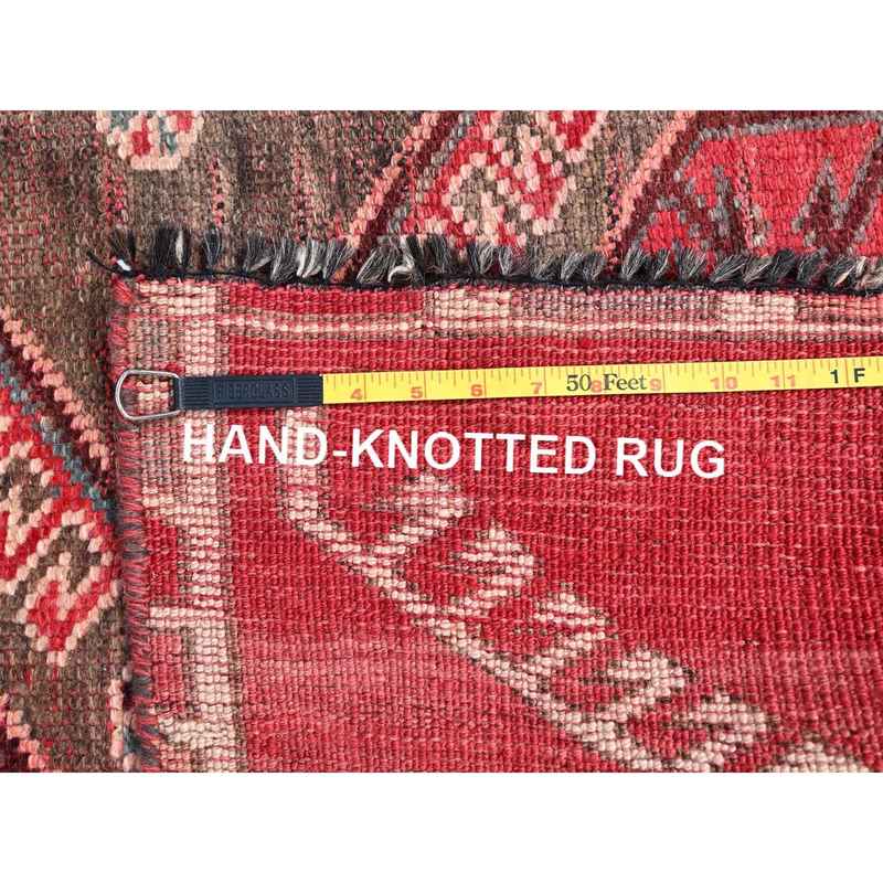 4'3"x9'3" Rusty Red, Semi Antique Shiraz with Geometric Medallion, Evenly Worn, Full Pile, Organic Wool, Sides And Ends Professionally Secured and Cleaned, Sheared Low, Hand Knotted, Distressed, Wide Runner Oriental Rug Sh86680 - Image 7