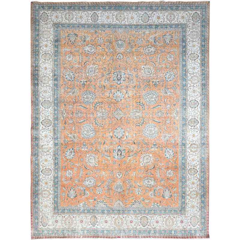 9'7"x12'6" Exotic Orange, Cropped Thin, Old Persian Tabriz Shah Abbas All Over Flower Design, Sunset Colors, Distressed Look, Hand Knotted Organic Wool, Sheared Low, Worn Out, Sides and Ends Professionally Secured and Cleaned, Oriental Rug Sh86922