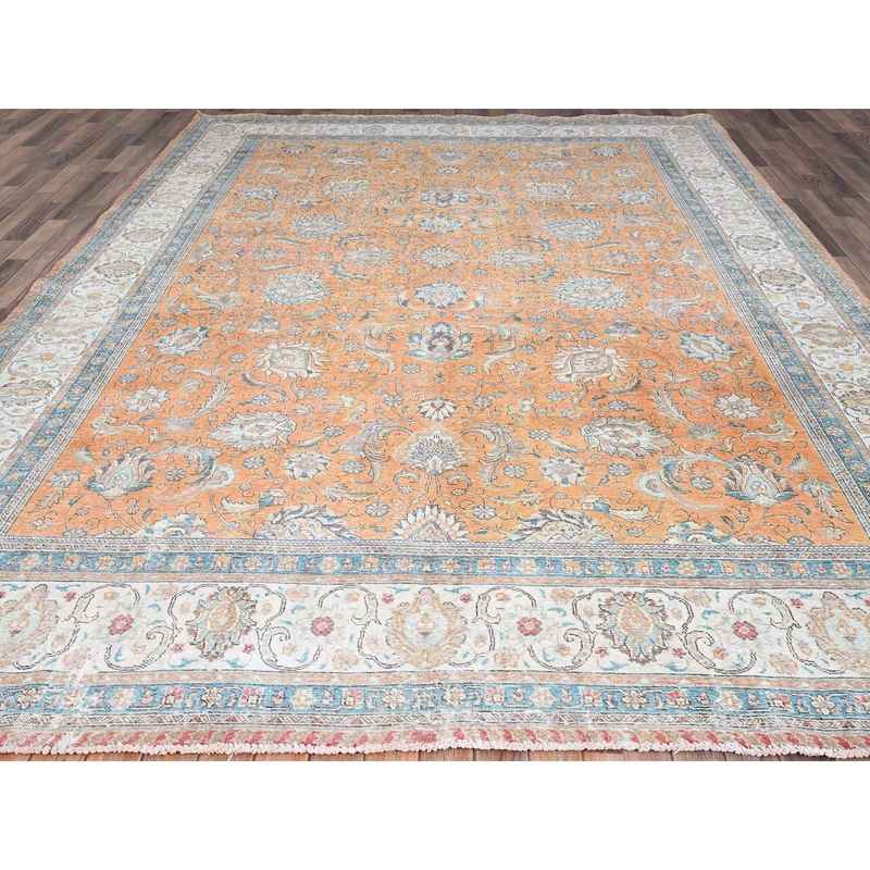 9'7"x12'6" Exotic Orange, Cropped Thin, Old Persian Tabriz Shah Abbas All Over Flower Design, Sunset Colors, Distressed Look, Hand Knotted Organic Wool, Sheared Low, Worn Out, Sides and Ends Professionally Secured and Cleaned, Oriental Rug Sh86922 - Image 2