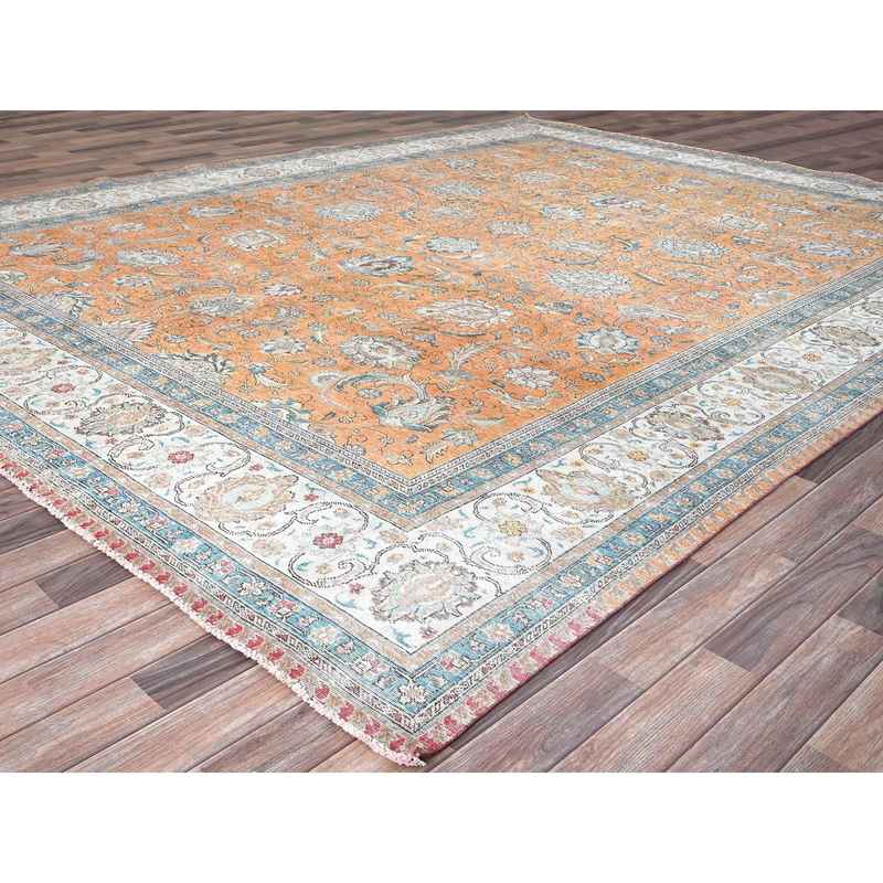 9'7"x12'6" Exotic Orange, Cropped Thin, Old Persian Tabriz Shah Abbas All Over Flower Design, Sunset Colors, Distressed Look, Hand Knotted Organic Wool, Sheared Low, Worn Out, Sides and Ends Professionally Secured and Cleaned, Oriental Rug Sh86922 - Image 3
