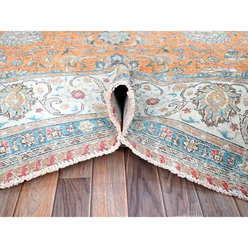 9'7"x12'6" Exotic Orange, Cropped Thin, Old Persian Tabriz Shah Abbas All Over Flower Design, Sunset Colors, Distressed Look, Hand Knotted Organic Wool, Sheared Low, Worn Out, Sides and Ends Professionally Secured and Cleaned, Oriental Rug Sh86922 - Image 5