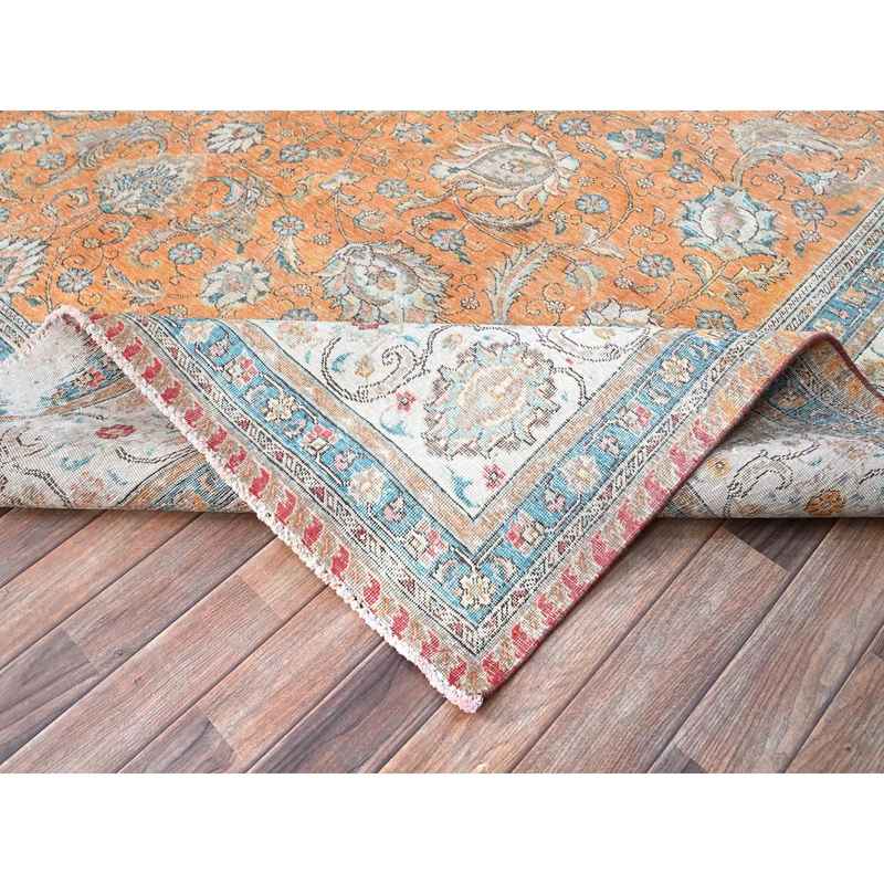 9'7"x12'6" Exotic Orange, Cropped Thin, Old Persian Tabriz Shah Abbas All Over Flower Design, Sunset Colors, Distressed Look, Hand Knotted Organic Wool, Sheared Low, Worn Out, Sides and Ends Professionally Secured and Cleaned, Oriental Rug Sh86922 - Image 6