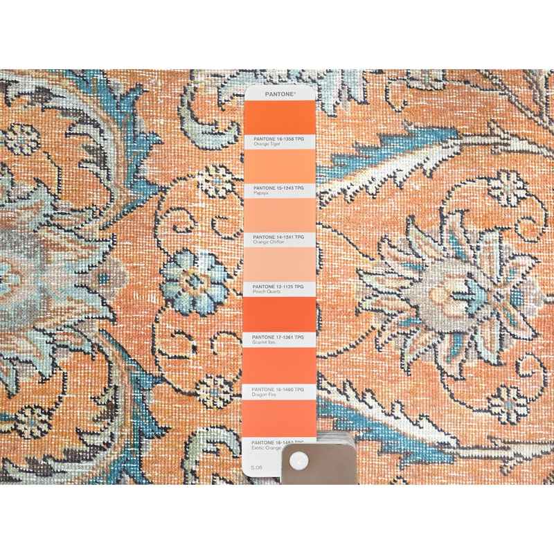 9'7"x12'6" Exotic Orange, Cropped Thin, Old Persian Tabriz Shah Abbas All Over Flower Design, Sunset Colors, Distressed Look, Hand Knotted Organic Wool, Sheared Low, Worn Out, Sides and Ends Professionally Secured and Cleaned, Oriental Rug Sh86922 - Image 7