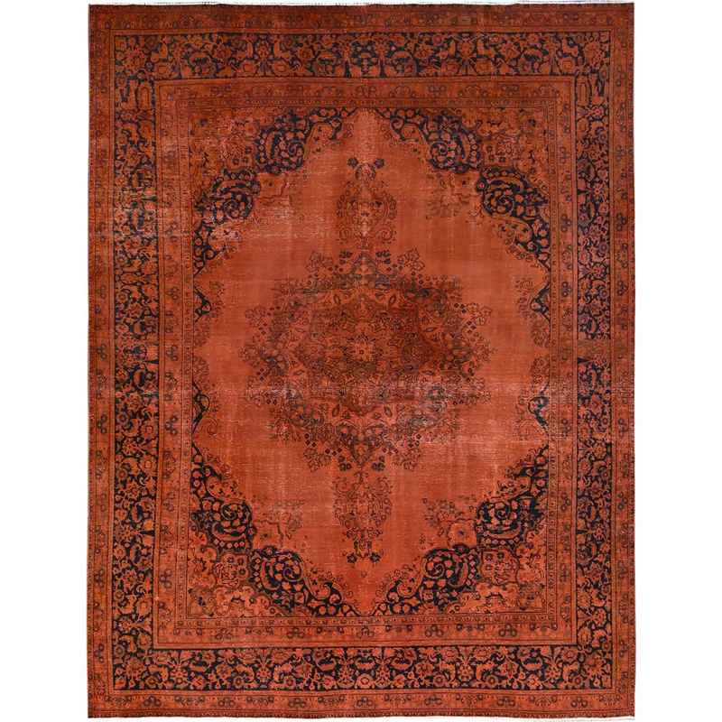 9'3"x12'1" Burnt Orange, Hand Knotted Pure Wool Cleaned, Sides and Ends Professionally Secured, Vintage Persian Tabriz With Open Field Design, Evenly Worn Overdyed Sheared Low, Distressed Oriental Rug Sh86934