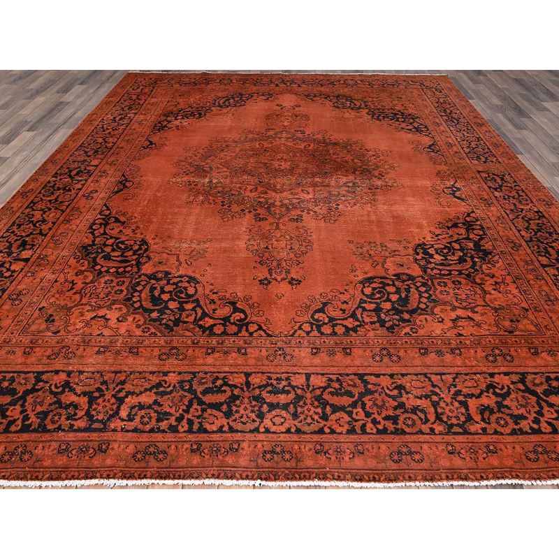 9'3"x12'1" Burnt Orange, Hand Knotted Pure Wool Cleaned, Sides and Ends Professionally Secured, Vintage Persian Tabriz With Open Field Design, Evenly Worn Overdyed Sheared Low, Distressed Oriental Rug Sh86934 - Image 2