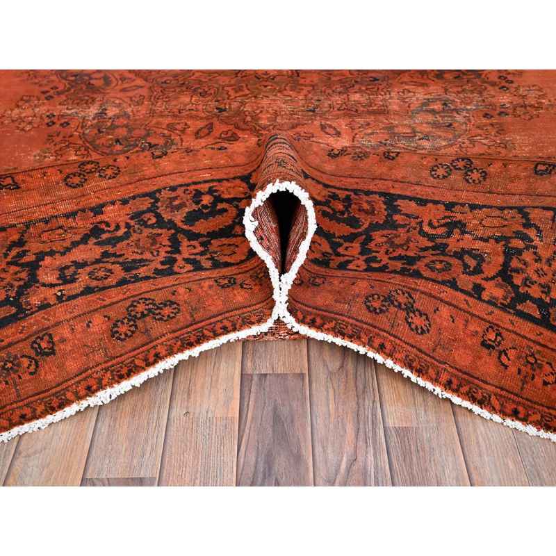 9'3"x12'1" Burnt Orange, Hand Knotted Pure Wool Cleaned, Sides and Ends Professionally Secured, Vintage Persian Tabriz With Open Field Design, Evenly Worn Overdyed Sheared Low, Distressed Oriental Rug Sh86934 - Image 5