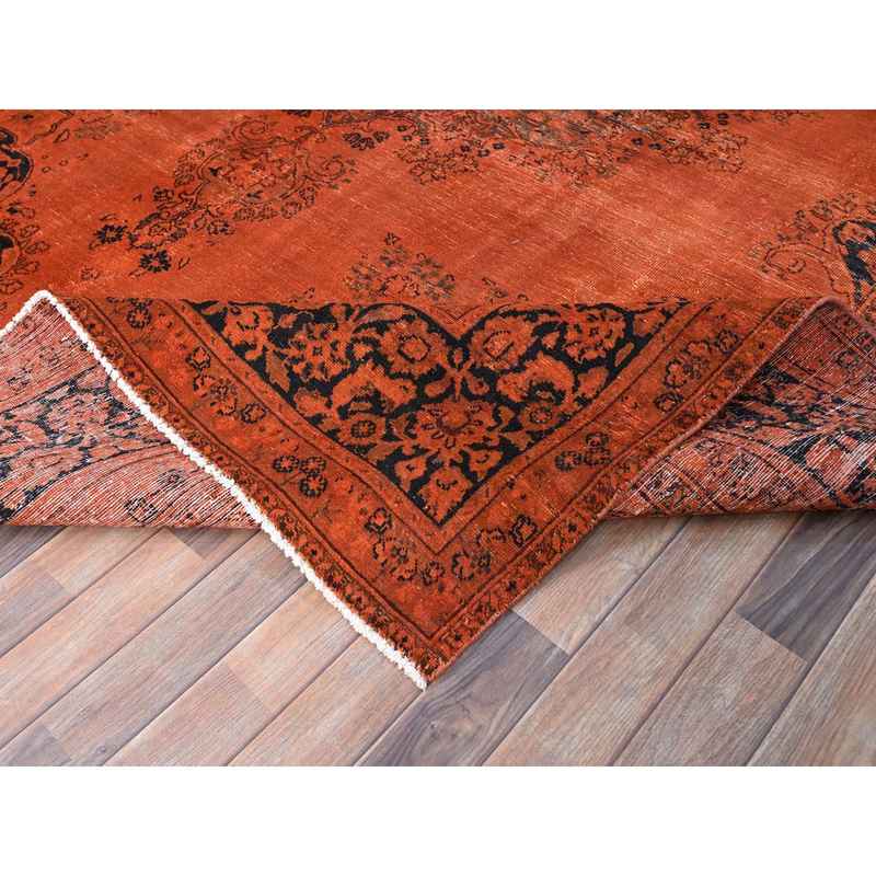 9'3"x12'1" Burnt Orange, Hand Knotted Pure Wool Cleaned, Sides and Ends Professionally Secured, Vintage Persian Tabriz With Open Field Design, Evenly Worn Overdyed Sheared Low, Distressed Oriental Rug Sh86934 - Image 6