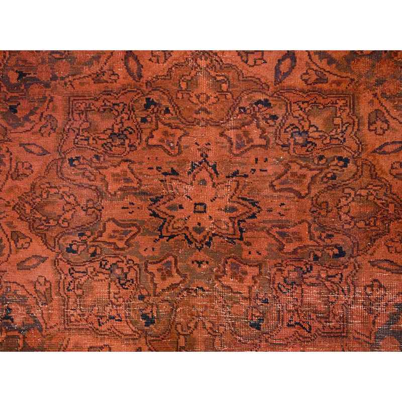 9'3"x12'1" Burnt Orange, Hand Knotted Pure Wool Cleaned, Sides and Ends Professionally Secured, Vintage Persian Tabriz With Open Field Design, Evenly Worn Overdyed Sheared Low, Distressed Oriental Rug Sh86934 - Image 8