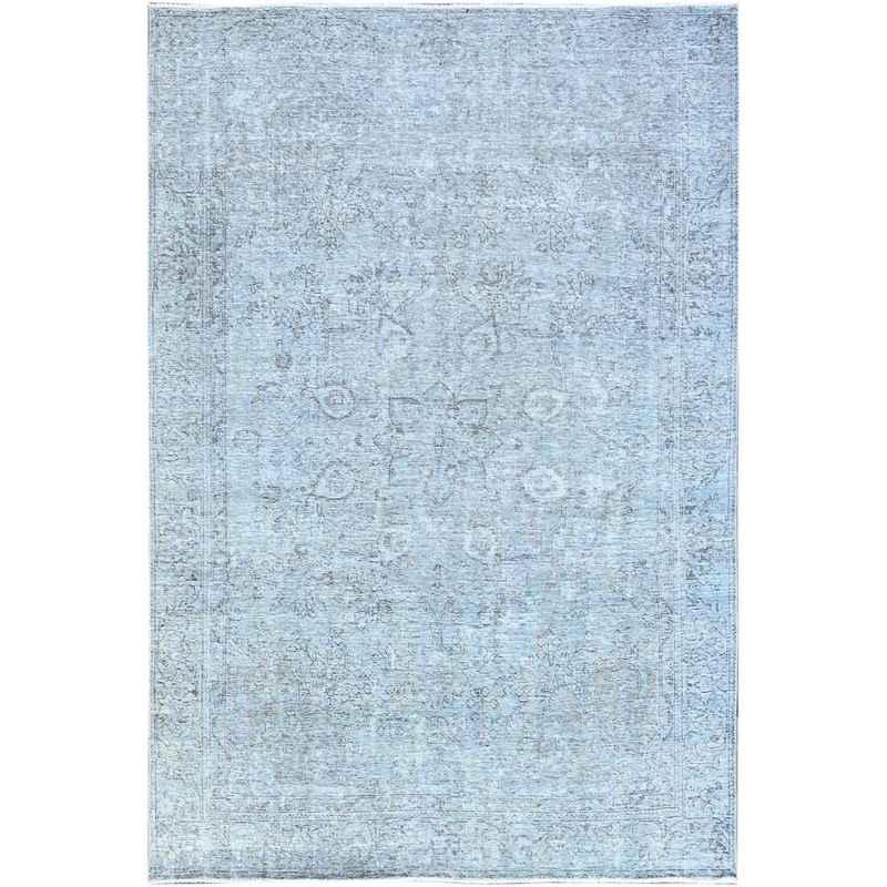6'x8'9" Celestial Blue, Vintage Persian Tabriz, Hand Knotted Cropped Thin, Sheared Low, Evenly Worn, 100% Wool, Sides and Ends Professionally Secured and Cleaned, Oriental Distressed Rug Sh86938
