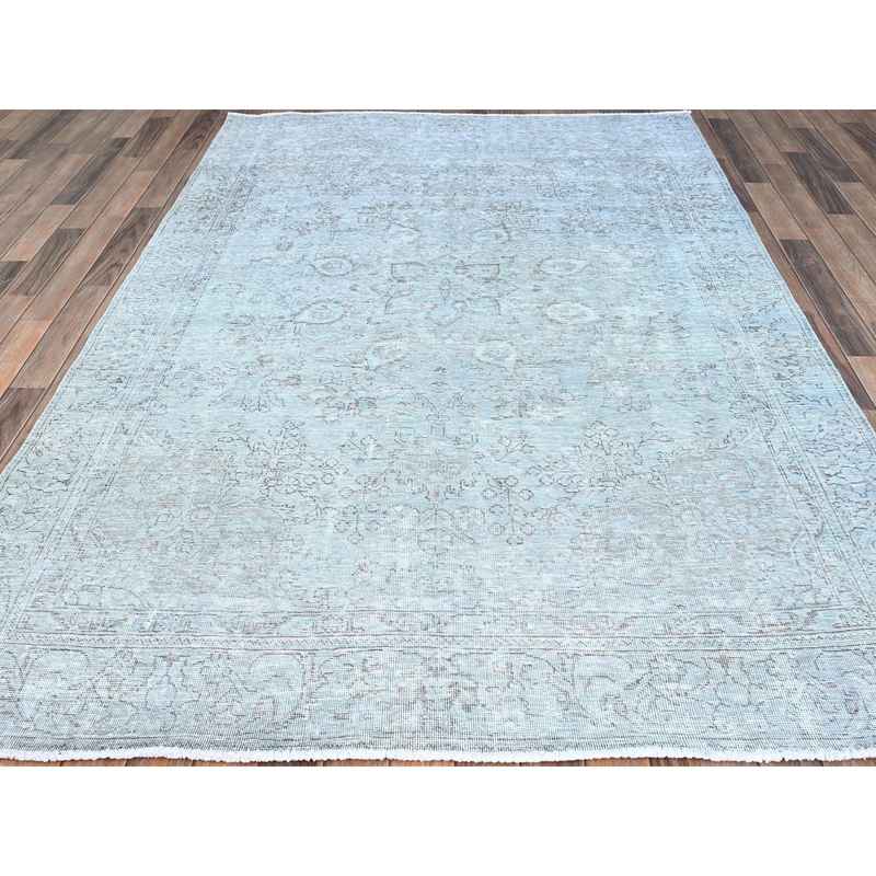 6'x8'9" Celestial Blue, Vintage Persian Tabriz, Hand Knotted Cropped Thin, Sheared Low, Evenly Worn, 100% Wool, Sides and Ends Professionally Secured and Cleaned, Oriental Distressed Rug Sh86938 - Image 2
