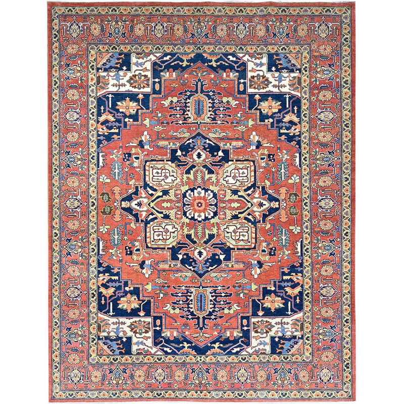 9'x11'8" Salmon Red With Navy Blue Corner Panels, Afghan Peshawar Hand Knotted Heriz Serapi With Large Center Medallion Design, Vegetable Dyes Pure Wool, Densely Woven, Oriental Rug Sh86949