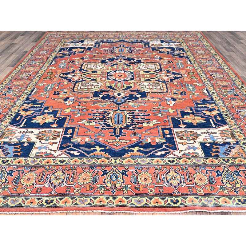 9'x11'8" Salmon Red With Navy Blue Corner Panels, Afghan Peshawar Hand Knotted Heriz Serapi With Large Center Medallion Design, Vegetable Dyes Pure Wool, Densely Woven, Oriental Rug Sh86949 - Image 2
