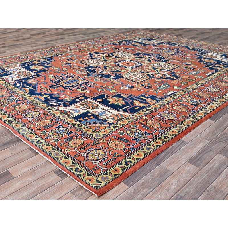 9'x11'8" Salmon Red With Navy Blue Corner Panels, Afghan Peshawar Hand Knotted Heriz Serapi With Large Center Medallion Design, Vegetable Dyes Pure Wool, Densely Woven, Oriental Rug Sh86949 - Image 3
