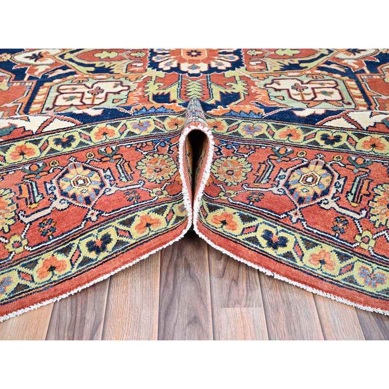 9'x11'8" Salmon Red With Navy Blue Corner Panels, Afghan Peshawar Hand Knotted Heriz Serapi With Large Center Medallion Design, Vegetable Dyes Pure Wool, Densely Woven, Oriental Rug Sh86949 - Image 5