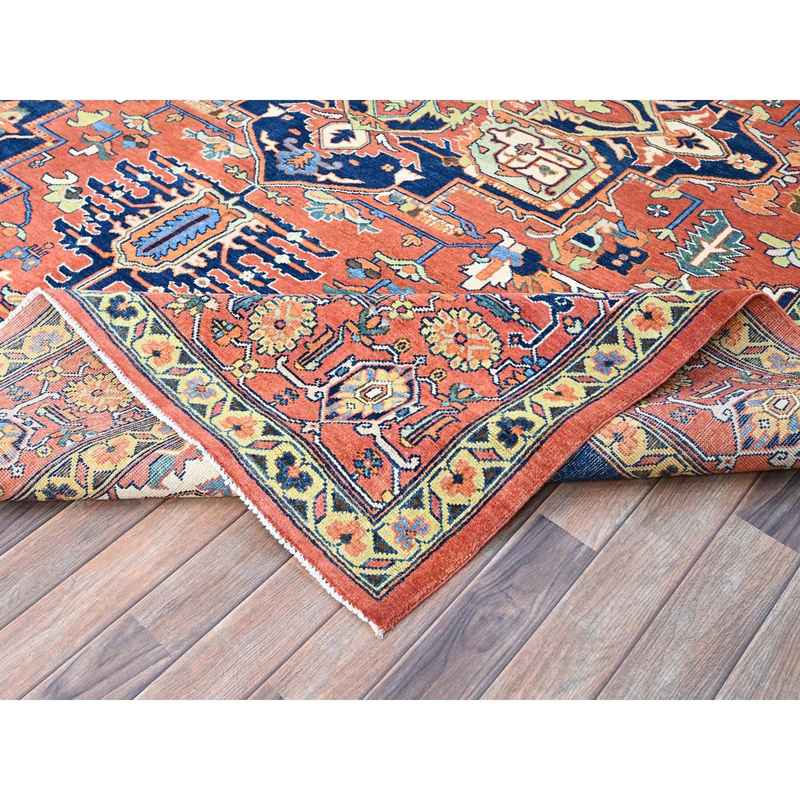 9'x11'8" Salmon Red With Navy Blue Corner Panels, Afghan Peshawar Hand Knotted Heriz Serapi With Large Center Medallion Design, Vegetable Dyes Pure Wool, Densely Woven, Oriental Rug Sh86949 - Image 6