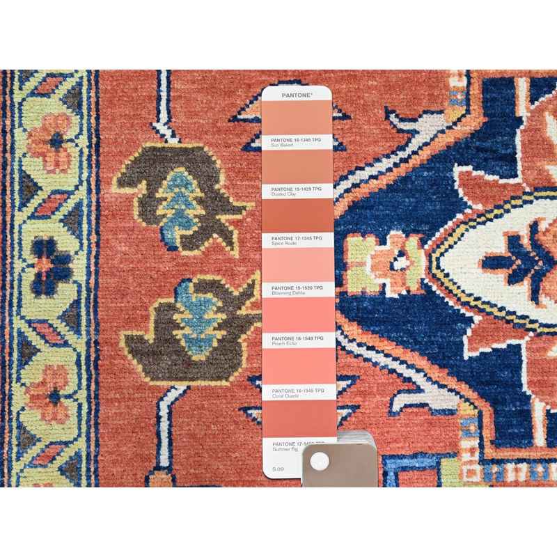 9'x11'8" Salmon Red With Navy Blue Corner Panels, Afghan Peshawar Hand Knotted Heriz Serapi With Large Center Medallion Design, Vegetable Dyes Pure Wool, Densely Woven, Oriental Rug Sh86949 - Image 7