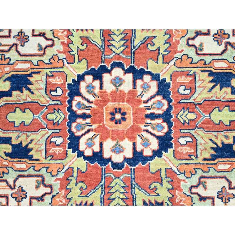 9'x11'8" Salmon Red With Navy Blue Corner Panels, Afghan Peshawar Hand Knotted Heriz Serapi With Large Center Medallion Design, Vegetable Dyes Pure Wool, Densely Woven, Oriental Rug Sh86949 - Image 8