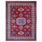 9'1"x11'9" Crimson Red, Super Kazak with Geometric Medallions Design, Hand Knotted, Pure Wool, Vegetable Dyes, Oriental Rug Sh89327