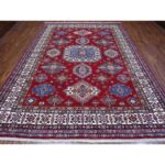 9'1"x11'9" Crimson Red, Super Kazak with Geometric Medallions Design, Hand Knotted, Pure Wool, Vegetable Dyes, Oriental Rug Sh89327 - Image 2