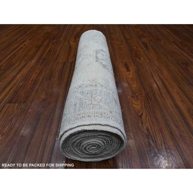 2'9"x19' Smoke White, Vegetable Dyes, Wool Weft, Hand Knotted, Soft Pile, Faded Rural Floral Motifs All Over Design, Afghan Angora Oushak, Oversized Oriental Runner Rug Sh89637 - Image 4