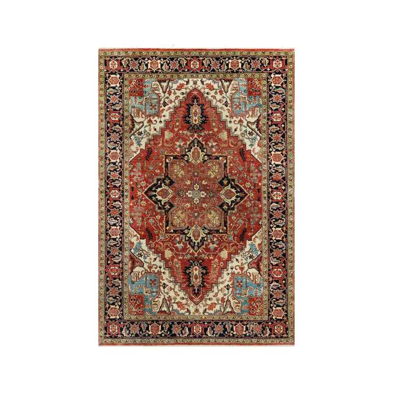 4'1"x6'2" Aragon Red and Nocturne Blue Border, Densely Woven Antiqued Organic Wool, Fine Heriz, Re-Creation, Hand Knotted Soft and Plush, Vegetable Dyes, Oriental Rug Sh90652