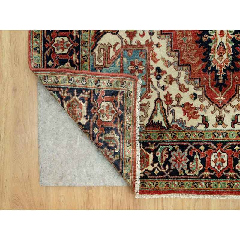 4'1"x6'2" Aragon Red and Nocturne Blue Border, Densely Woven Antiqued Organic Wool, Fine Heriz, Re-Creation, Hand Knotted Soft and Plush, Vegetable Dyes, Oriental Rug Sh90652 - Image 3
