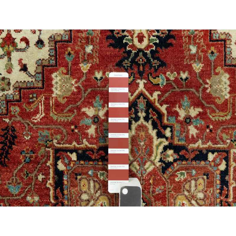 4'1"x6'2" Aragon Red and Nocturne Blue Border, Densely Woven Antiqued Organic Wool, Fine Heriz, Re-Creation, Hand Knotted Soft and Plush, Vegetable Dyes, Oriental Rug Sh90652 - Image 4