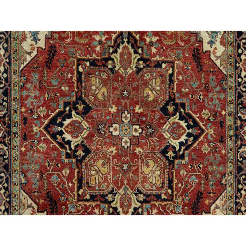 4'1"x6'2" Aragon Red and Nocturne Blue Border, Densely Woven Antiqued Organic Wool, Fine Heriz, Re-Creation, Hand Knotted Soft and Plush, Vegetable Dyes, Oriental Rug Sh90652 - Image 5