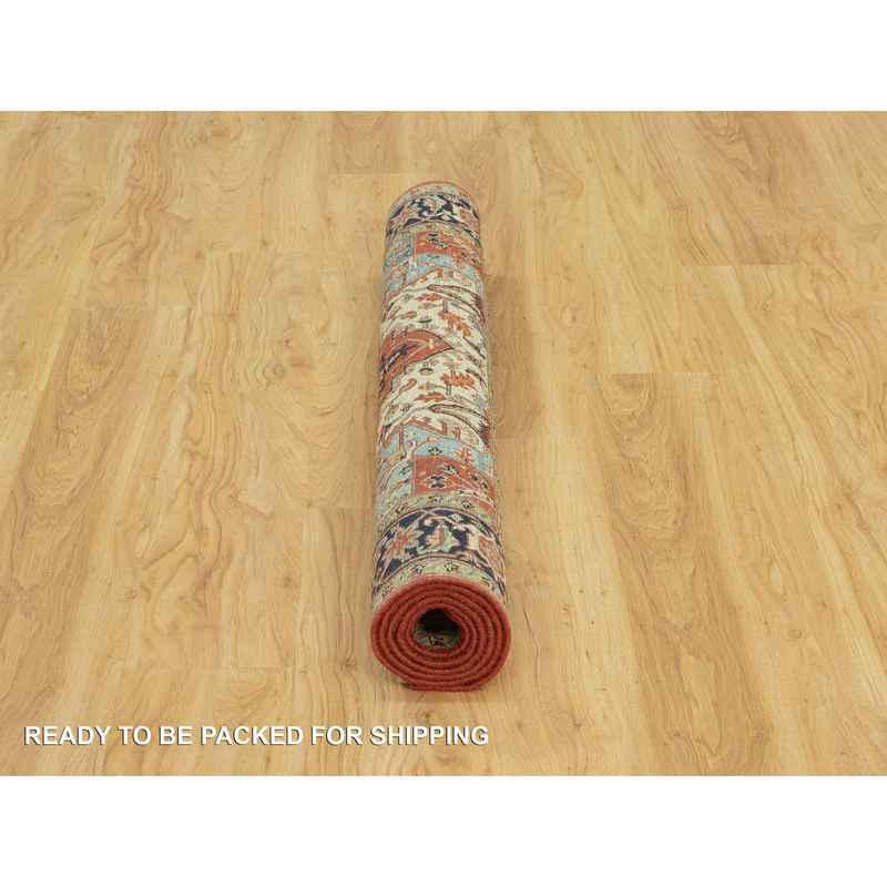 4'1"x6'2" Aragon Red and Nocturne Blue Border, Densely Woven Antiqued Organic Wool, Fine Heriz, Re-Creation, Hand Knotted Soft and Plush, Vegetable Dyes, Oriental Rug Sh90652 - Image 6